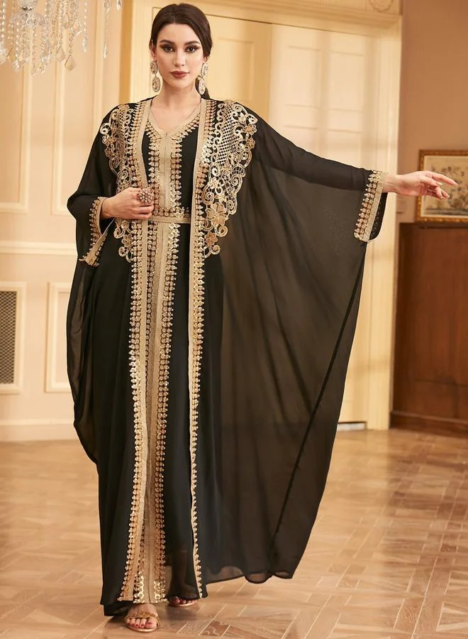 تايك تو طقم فستان بحزام وتفاصيل ترتر مع كيمونو